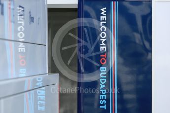 World © Octane Photographic Ltd. Formula 1 – Hungarian GP - Paddock. Williams Martini Racing - Welcome to Budapest sign. Hungaroring, Budapest, Hungary. Thursday 26th July 2018.