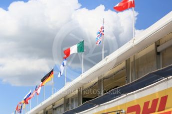 World © Octane Photographic Ltd. Formula 1 – Hungarian GP - Paddock. Flags flying over the pitlane. Hungaroring, Budapest, Hungary. Thursday 26th July 2018.
