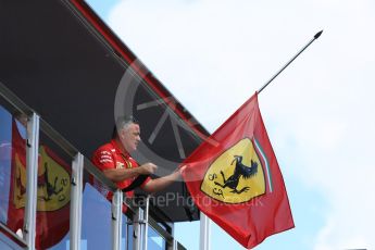 World © Octane Photographic Ltd. Formula 1 – Hungarian GP - Paddock. Scuderia Ferrari flags at half mast being tied with black ribbon in memory of Sergio Marchionne who died 25th July. Hungaroring, Budapest, Hungary. Thursday 26th July 2018.