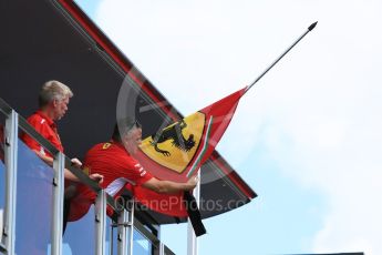 World © Octane Photographic Ltd. Formula 1 – Hungarian GP - Paddock. Scuderia Ferrari flags at half mast being tied with black ribbon in memory of Sergio Marchionne who died 25th July. Hungaroring, Budapest, Hungary. Thursday 26th July 2018.