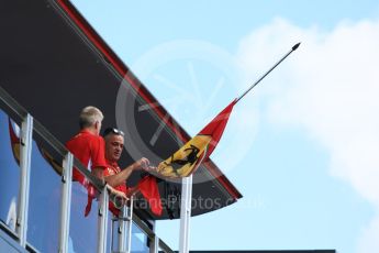World © Octane Photographic Ltd. Formula 1 – Hungarian GP - Paddock. Scuderia Ferrari flags at half mast being tied with black ribbon in memory of Sergio Marchionne who died 25th July. Hungaroring, Budapest, Hungary. Thursday 26th July 2018.
