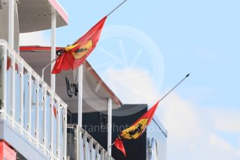 World © Octane Photographic Ltd. Formula 1 – Hungarian GP - Paddock. Scuderia Ferrari flags at half mast and tied with black ribbon in memory of Sergio Marchionne who died 25th July. Hungaroring, Budapest, Hungary. Thursday 26th July 2018.