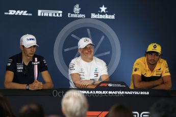 World © Octane Photographic Ltd. Formula 1 – Hungarian GP - FIA Drivers’ Press Conference. Sahara Force India - Esteban Ocon, Mercedes AMG Petronas Motorsport - Valtteri Bottas and Renault Sport F1 Team – Carlos Sainz. Hungaroring, Budapest, Hungary. Thursday 26th July 2018.