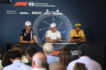 World © Octane Photographic Ltd. Formula 1 – Hungarian GP - FIA Drivers’ Press Conference. Sahara Force India - Esteban Ocon, Mercedes AMG Petronas Motorsport - Valtteri Bottas and Renault Sport F1 Team – Carlos Sainz. Hungaroring, Budapest, Hungary. Thursday 26th July 2018.