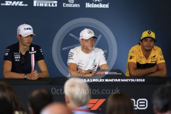 World © Octane Photographic Ltd. Formula 1 – Hungarian GP - FIA Drivers’ Press Conference. Sahara Force India - Esteban Ocon, Mercedes AMG Petronas Motorsport - Valtteri Bottas and Renault Sport F1 Team – Carlos Sainz. Hungaroring, Budapest, Hungary. Thursday 26th July 2018.
