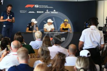 World © Octane Photographic Ltd. Formula 1 – Hungarian GP - FIA Drivers’ Press Conference. Sahara Force India - Esteban Ocon, Mercedes AMG Petronas Motorsport - Valtteri Bottas and Renault Sport F1 Team – Carlos Sainz. Hungaroring, Budapest, Hungary. Thursday 26th July 2018.