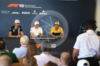 World © Octane Photographic Ltd. Formula 1 – Hungarian GP - FIA Drivers’ Press Conference. Sahara Force India - Esteban Ocon, Mercedes AMG Petronas Motorsport - Valtteri Bottas and Renault Sport F1 Team – Carlos Sainz. Hungaroring, Budapest, Hungary. Thursday 26th July 2018.
