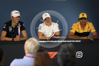 World © Octane Photographic Ltd. Formula 1 – Hungarian GP - FIA Drivers’ Press Conference. Sahara Force India - Esteban Ocon, Mercedes AMG Petronas Motorsport - Valtteri Bottas and Renault Sport F1 Team – Carlos Sainz. Hungaroring, Budapest, Hungary. Thursday 26th July 2018.
