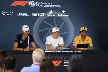 World © Octane Photographic Ltd. Formula 1 – Hungarian GP - FIA Drivers’ Press Conference. Sahara Force India - Esteban Ocon, Mercedes AMG Petronas Motorsport - Valtteri Bottas and Renault Sport F1 Team – Carlos Sainz. Hungaroring, Budapest, Hungary. Thursday 26th July 2018.