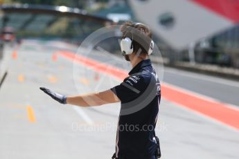 World © Octane Photographic Ltd. Formula 1 – Hungarian Post-Race Test - Day 1. Sahara Force India mechanic checks the pitlane is clear before releasing Nicholas Latifi from his garage. Hungaroring, Budapest, Hungary. Tuesday 31st July 2018.