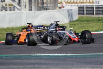 World © Octane Photographic Ltd. Formula 1 – In season test 1, day 2. Haas F1 Team VF-18 – Kevin Magnussen and McLaren MCL33 – Lando Norris. Circuit de Barcelona-Catalunya, Spain. Wednesday 16th May 2018.