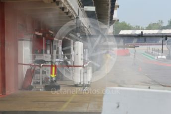 World © Octane Photographic Ltd. Formula 1 – In season test 1, day 2. Alfa Romeo Sauber F1 Team C37 garage - smoking after engine start. Circuit de Barcelona-Catalunya, Spain. Wednesday 16th May 2018.