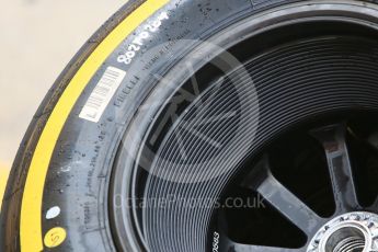 World © Octane Photographic Ltd. Formula 1 – In season test 1, day 2. Sahara Force India VJM11 wheel and Pirelli tyre made in Romania. Circuit de Barcelona-Catalunya, Spain. Wednesday 16th May 2018.