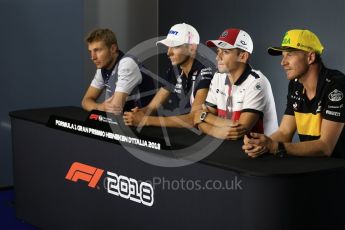 World © Octane Photographic Ltd. Formula 1 – Italian GP - FIA Drivers’ Press Conference. Williams Martini Racing - Sergey Sirotkin, Racing Point Force India - Esteban Ocon, Alfa Romeo Sauber F1 Team- Charles Leclerc and Renault Sport F1 Team – Nico Hulkenberg. Autodromo Nazionale di Monza, Monza, Italy. Thursday 30th August 2018.