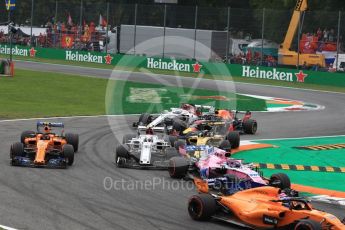 World © Octane Photographic Ltd. Formula 1 – Italian GP - Race. Alfa Romeo Sauber F1 Team C37 – Charles Leclerc, Renault Sport F1 Team RS18 – Nico Hulkenberg and McLaren MCL33 – Stoffel Vandoorne. Autodromo Nazionale di Monza, Monza, Italy. Sunday 2nd September 2018.