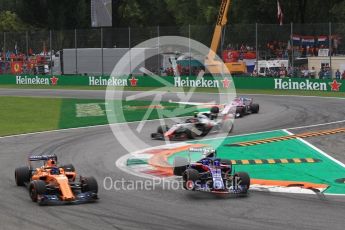 World © Octane Photographic Ltd. Formula 1 – Italian GP - Race. McLaren MCL33 – Fernando Alonso and Scuderia Toro Rosso STR13 – Pierre Gasly. Autodromo Nazionale di Monza, Monza, Italy. Sunday 2nd September 2018.