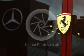 World © Octane Photographic Ltd. Formula 1 – Italian GP - Paddock. Scuderia Ferrari logo with Mercedes AMG Petronas Motorsport refection. Autodromo Nazionale di Monza, Monza, Italy. Friday 31st August 2018.