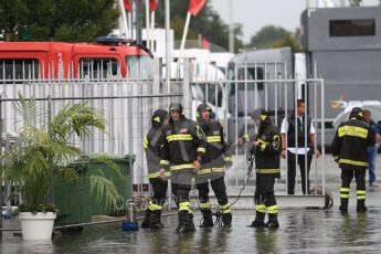 World © Octane Photographic Ltd. Formula 1 – Italian GP - Paddock. FOM nearly gets flooded as the drains back up. Autodromo Nazionale di Monza, Monza, Italy. Friday 31st August 2018.