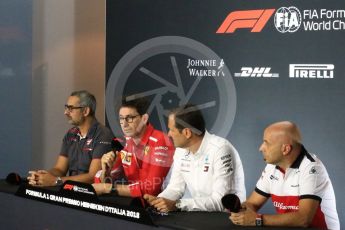World © Octane Photographic Ltd. Formula 1 - Italian GP - Friday FIA Team.
Ben Agathangelou – Aerodynamics engineer of Haas F1 Team, Mattia Binotto – Chief Technical Officer - Scuderia Ferrari, Aldo Costa - Engineering Director of Mercedes - AMG Petronas Motorsport and Simone Resta - Technical Director of Sauber F1 Team.Autodromo Nazionale di Monza, Monza, Italy. Friday 31st August 2018.