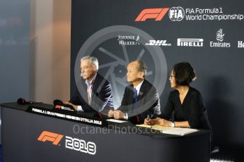 World © Octane Photographic Ltd. Formula 1 - Italian GP - Friday FIA Team Press Conference. Chase Carey - Chief Executive Officer of the Formula One Group and Takashi Yamamoto. Autodromo Nazionale di Monza, Monza, Italy. Friday 31st August 2018.