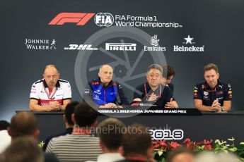 World © Octane Photographic Ltd. Formula 1 - Japanese GP - Friday FIA Team.
Christian Horner - Team Principal of Red Bull Racing, Franz Tost – Team Principal of Scuderia Toro Rosso, Frederic Vasseur – Team Principal and CEO of Sauber Motorsport AG and Masashi Yamamoto - General Manager of Honda’s motorsport division. Suzuka Circuit, Japan. Friday 5th October 2018.