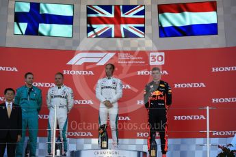 World © Octane Photographic Ltd. Formula 1 – Japanese GP – Podium. Mercedes AMG Petronas Motorsport AMG F1 W09 EQ Power+ - Lewis Hamilton and Valtteri Bottas and Aston Martin Red Bull Racing TAG Heuer RB14 – Max Verstappen. Suzuka Circuit, Japan. Sunday 7th October 2018.