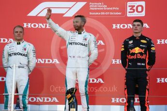 World © Octane Photographic Ltd. Formula 1 – Japanese GP – Podium. Mercedes AMG Petronas Motorsport AMG F1 W09 EQ Power+ - Lewis Hamilton and Valtteri Bottas and Aston Martin Red Bull Racing TAG Heuer RB14 – Max Verstappen. Suzuka Circuit, Japan. Sunday 7th October 2018.
