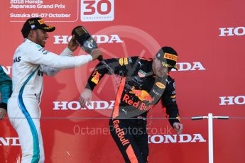World © Octane Photographic Ltd. Formula 1 – Japanese GP – Podium. Mercedes AMG Petronas Motorsport AMG F1 W09 EQ Power+ - Lewis Hamilton and Aston Martin Red Bull Racing TAG Heuer RB14 – Max Verstappen. Suzuka Circuit, Japan. Sunday 7th October 2018.
