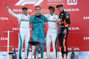 World © Octane Photographic Ltd. Formula 1 – Japanese GP – Podium. Mercedes AMG Petronas Motorsport AMG F1 W09 EQ Power+ - Lewis Hamilton and Valtteri Bottas and Aston Martin Red Bull Racing TAG Heuer RB14 – Max Verstappen. Suzuka Circuit, Japan. Sunday 7th October 2018.