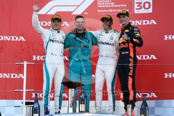 World © Octane Photographic Ltd. Formula 1 – Japanese GP – Podium. Mercedes AMG Petronas Motorsport AMG F1 W09 EQ Power+ - Lewis Hamilton and Valtteri Bottas and Aston Martin Red Bull Racing TAG Heuer RB14 – Max Verstappen. Suzuka Circuit, Japan. Sunday 7th October 2018.