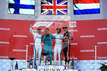 World © Octane Photographic Ltd. Formula 1 – Japanese GP – Podium. Mercedes AMG Petronas Motorsport AMG F1 W09 EQ Power+ - Lewis Hamilton and Valtteri Bottas and Aston Martin Red Bull Racing TAG Heuer RB14 – Max Verstappen. Suzuka Circuit, Japan. Sunday 7th October 2018.
