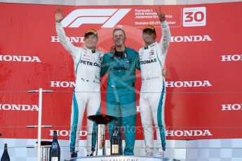 World © Octane Photographic Ltd. Formula 1 – Japanese GP – Podium. Mercedes AMG Petronas Motorsport AMG F1 W09 EQ Power+ - Lewis Hamilton and Valtteri Bottas. Suzuka Circuit, Japan. Sunday 7th October 2018.
