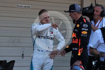 World © Octane Photographic Ltd. Formula 1 – Japanese GP – Parc Ferme. Mercedes AMG Petronas Motorsport AMG F1 W09 EQ Power+ - Valtteri Bottas and Aston Martin Red Bull Racing TAG Heuer RB14 – Max Verstappen. Suzuka Circuit, Japan. Sunday 7th October 2018.