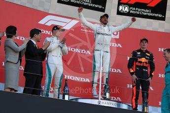 World © Octane Photographic Ltd. Formula 1 – Japanese GP – Podium. Mercedes AMG Petronas Motorsport AMG F1 W09 EQ Power+ - Lewis Hamilton and Valtteri Bottas and Aston Martin Red Bull Racing TAG Heuer RB14 – Max Verstappen. Suzuka Circuit, Japan. Sunday 7th October 2018.