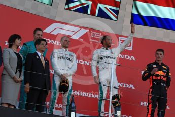 World © Octane Photographic Ltd. Formula 1 – Japanese GP – Podium. Mercedes AMG Petronas Motorsport AMG F1 W09 EQ Power+ - Lewis Hamilton and Valtteri Bottas and Aston Martin Red Bull Racing TAG Heuer RB14 – Max Verstappen. Suzuka Circuit, Japan. Sunday 7th October 2018.