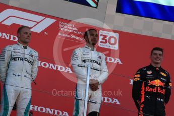 World © Octane Photographic Ltd. Formula 1 – Japanese GP – Podium. Mercedes AMG Petronas Motorsport AMG F1 W09 EQ Power+ - Lewis Hamilton and Valtteri Bottas and Aston Martin Red Bull Racing TAG Heuer RB14 – Max Verstappen. Suzuka Circuit, Japan. Sunday 7th October 2018.