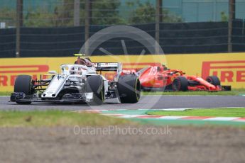 World © Octane Photographic Ltd. Formula 1 – Japanese GP - Practice 1. Alfa Romeo Sauber F1 Team C37 – Charles Leclerc and Scuderia Ferrari SF71-H – Kimi Raikkonen. Suzuka Circuit, Japan. Friday 5th October 2018.