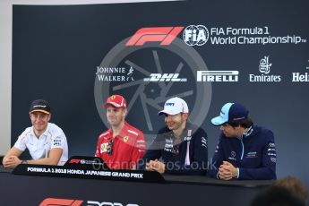 World © Octane Photographic Ltd. Formula 1 – Japanese GP - FIA Drivers’ Press Conference Racing Point Force India - Esteban Ocon, Williams Martini Racing – Lance Stroll, McLaren – Stoffel Vandoorne and Scuderia Ferrari – Sebastian Vettel. Suzuka Circuit, Japan. Thursday 4th October 2018.