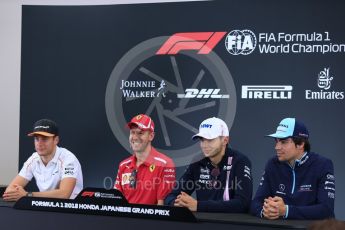 World © Octane Photographic Ltd. Formula 1 – Japanese GP - FIA Drivers’ Press Conference Racing Point Force India - Esteban Ocon, Williams Martini Racing – Lance Stroll, McLaren – Stoffel Vandoorne and Scuderia Ferrari – Sebastian Vettel. Suzuka Circuit, Japan. Thursday 4th October 2018.