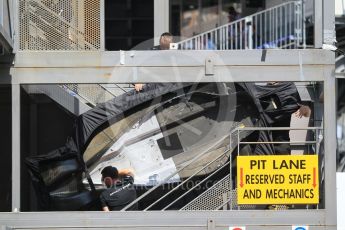 World © Octane Photographic Ltd. Formula 1 – Monaco GP - Paddock. Renault Sport F1 Team RS18 floorpan being manhandled over the paddock bridge. Monte-Carlo. Friday 25th May 2018.