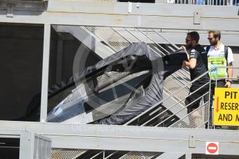 World © Octane Photographic Ltd. Formula 1 – Monaco GP - Paddock. Renault Sport F1 Team RS18 floorpan being manhandled over the paddock bridge. Monte-Carlo. Friday 25th May 2018.