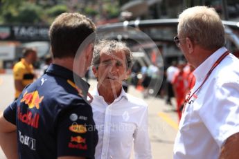 World © Octane Photographic Ltd. Formula 1 - Monaco GP - Paddock. Christian Horner - Team Principal of Red Bull Racing, Helmut Marko - advisor to the Red Bull GmbH Formula One Teams and head of Red Bull's driver development program and Alain Prost – Special Advisor to Renault Sport Formula 1 Team. Monte-Carlo. Saturday 26th May 2018.
