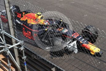 World © Octane Photographic Ltd. Formula 1 – Monaco GP - Practice 3. Aston Martin Red Bull Racing TAG Heuer RB14 – Max Verstappen crash at exit of Swimming Pool. Monte-Carlo. Saturday 26th May 2018.