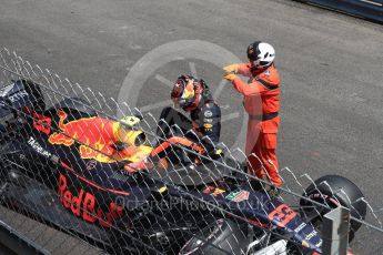 World © Octane Photographic Ltd. Formula 1 – Monaco GP - Practice 3. Aston Martin Red Bull Racing TAG Heuer RB14 – Max Verstappen crash at exit of Swimming Pool. Monte-Carlo. Saturday 26th May 2018.
