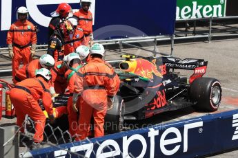 World © Octane Photographic Ltd. Formula 1 – Monaco GP - Practice 3. Aston Martin Red Bull Racing TAG Heuer RB14 – Max Verstappen crash at exit of Swimming Pool. Monte-Carlo. Saturday 26th May 2018.