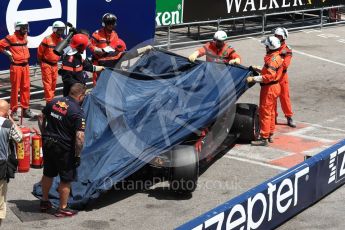 World © Octane Photographic Ltd. Formula 1 – Monaco GP - Practice 3. Aston Martin Red Bull Racing TAG Heuer RB14 – Max Verstappen crash at exit of Swimming Pool. Monte-Carlo. Saturday 26th May 2018.