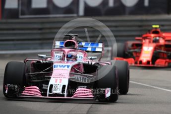 World © Octane Photographic Ltd. Formula 1 – Monaco GP - Practice 2. Sahara Force India VJM11 - Sergio Perez and Scuderia Ferrari SF71-H – Kimi Raikkonen. Monte-Carlo. Thursday 24th May 2018.