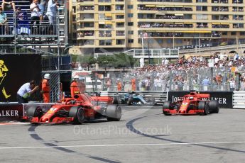 World © Octane Photographic Ltd. Formula 1 – Monaco GP - Qualifying. Scuderia Ferrari SF71-H – Kimi Raikkonen and Sebastian Vettel with Mercedes AMG Petronas Motorsport AMG F1 W09 EQ Power+ - Valtteri Bottas. Monte-Carlo. Saturday 26th May 2018.