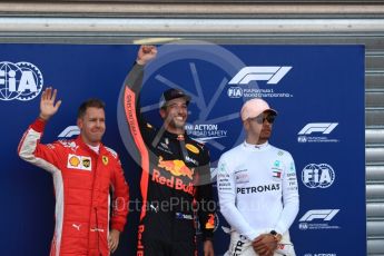 World © Octane Photographic Ltd. Formula 1 – Monaco GP - Qualifying. Aston Martin Red Bull Racing TAG Heuer RB14 – Daniel Ricciardo, Scuderia Ferrari SF71-H – Sebastian Vettel and Mercedes AMG Petronas Motorsport AMG F1 W09 EQ Power+ - Lewis Hamilton. Monte-Carlo. Saturday 26th May 2018.