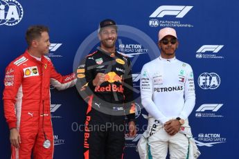 World © Octane Photographic Ltd. Formula 1 – Monaco GP - Qualifying. Aston Martin Red Bull Racing TAG Heuer RB14 – Daniel Ricciardo, Scuderia Ferrari SF71-H – Sebastian Vettel and Mercedes AMG Petronas Motorsport AMG F1 W09 EQ Power+ - Lewis Hamilton. Monte-Carlo. Saturday 26th May 2018.